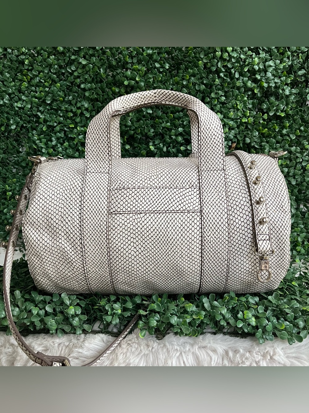 REBECCA MINKOFF Snakeskin Duffle Satchel Travel Tote Boston Barrel Bag